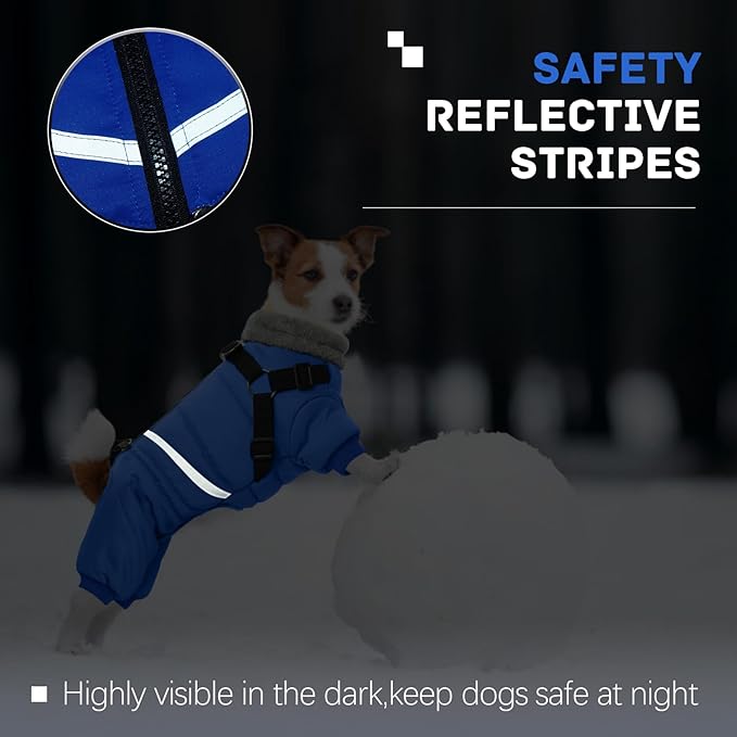 BRKURLEG Blue Dog Winter Coat, Cozy Winter Dog Jackets, Small Dogs Coat with Harness, Onesie Body Warm Puppy Christmas Jacket, Pet Reflective Cold Weather Jackets, Puppy Four-Legged Puffer Coats, M