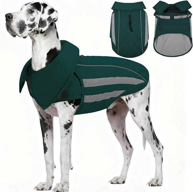 IECOii 4XL Winter Dog Coat - Waterproof & Reflective & Adjustable, Warm Fleece Jacket for Great Dane, Snow & Rain Walking, Skiing, Green, Sizes XXXXL