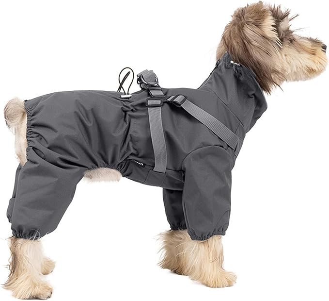 BRKURLEG Dog Raincoat with Harness for Small Dogs, Adjustable Waterproof Dog Rain Jacket, Reflective Rainproof Puppy 4 Legs Raincoat, Full Body Pet Rain Jacket, Dark Grey, M