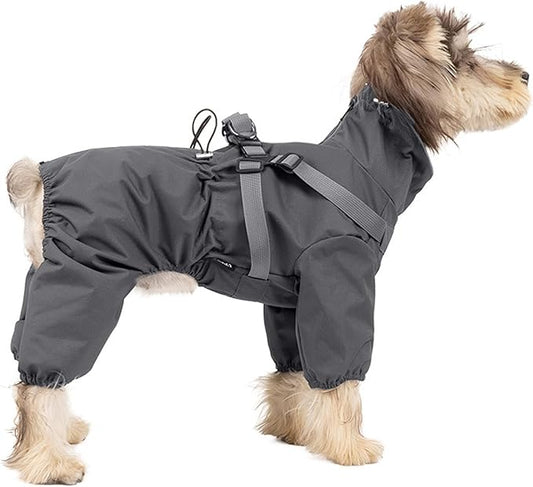 BRKURLEG Dog Raincoat with Harness for Small Dogs, Adjustable Waterproof Dog Rain Jacket, Reflective Rainproof Puppy 4 Legs Raincoat, Full Body Pet Rain Jacket, Dark Grey, M