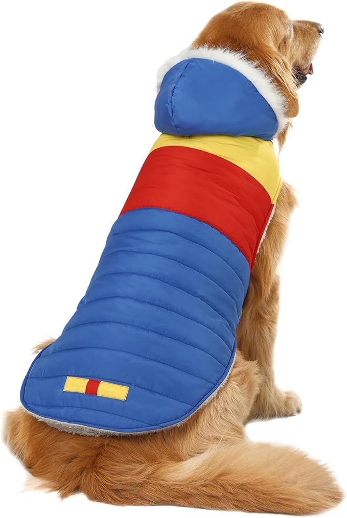 HDE Dog Puffer Jacket Fleece Lined Warm Dog Parka Winter Coat with Harness Hole 90s Colorblock - XL