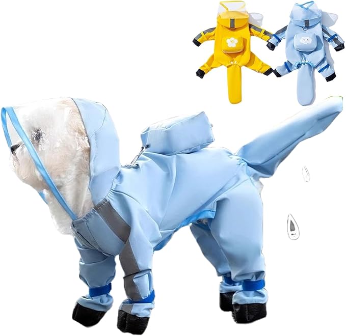Small Dog Raincoat with Legs, Ideal for Teddy Bears, Waterproof Full Coverage with Mini Backpack, Reflective Hoodie and Detachable Tail (Blue, XX-Large(Suggest Weight 16.6-22lb))