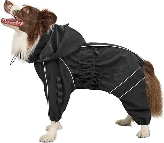 OneTigris Dog Raincoat with Hood for Medium Large Dogs, Waterproof & Reflective, 4 Legs Dog Rain Jacket Adjustable Puppy Poncho for The Rain and Snow (Black, Medium)