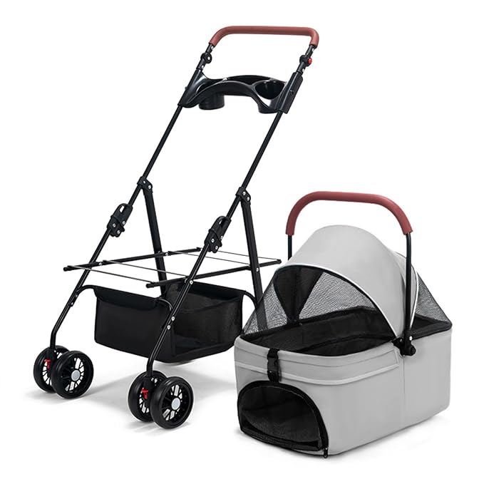 Pet Stroller Pram Dog Carrier Trailer 4 Wheels Foldable Dog with Storage Basket,Holds up to 44 lbs,Adjustable Handle,Folding Travel Stroller Suitable for Traveling with Cats and Dogs (Grey)