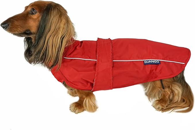 DJANGO Dog Jacket & Raincoat – Lightweight Water-Resistant Coat for Small, Medium & Long Dogs Like Dachshunds – Reflective, Adjustable Fit, Harness-Compatible & Easy-Access Harness Hole - Red, Medium