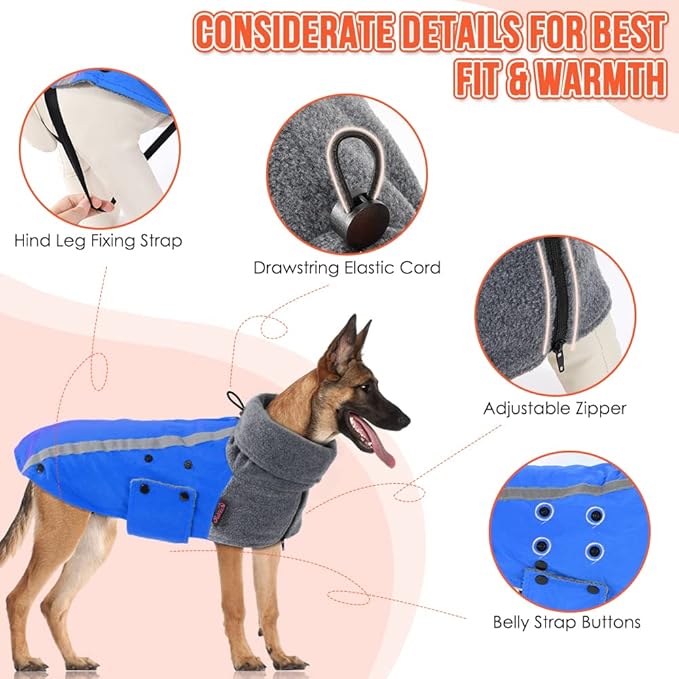 SlowTon Winter Dog Coat, Warm Polar Fleece Lining Doggie Outdoor Jacket with Turtleneck Scarf Reflective Stripe Adjustable Waterproof Windproof Puppy Vest Soft Pet Outfits (M+,Blue)