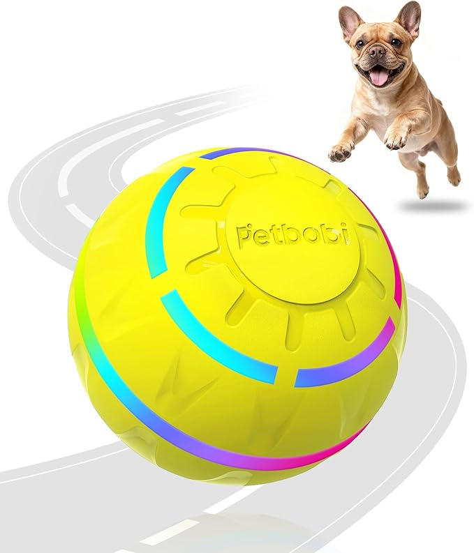 Petbobi Interactive Dog Toys – USB Rechargeable Automatic Rolling Ball with LED Light, Smart Bouncing Ball for Small Medium Pets to Exercise, Durable TPU Shell, Dog Toys to Keep Them Busy, Yellow