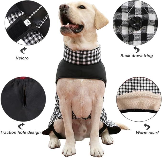Dog Jackets for Winter, Reversible Dog Coat Windproof Waterproof Jackets for Cold Weather, British Style Plaid Coats Warm Vest for Small Medium Large Dogs (Black, 5XL)