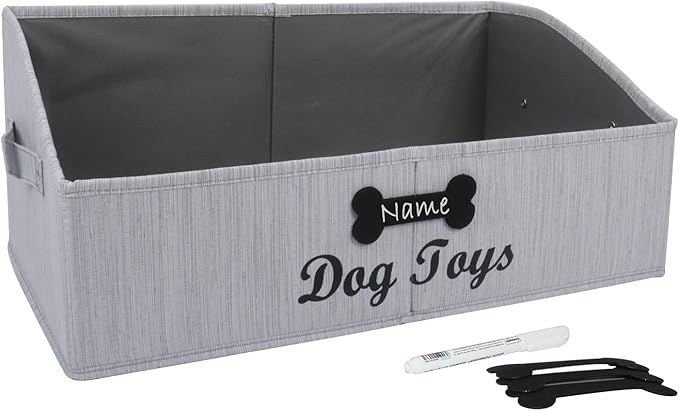 Large Dog Toy Basket Collapsible Dog Toy Box Fabric Trapezoid Dog Toy Bin Storage for organizing pet Toys/Blankets/leashes/Rope Toys/Clothing-Can be Personalized-Slub Gray