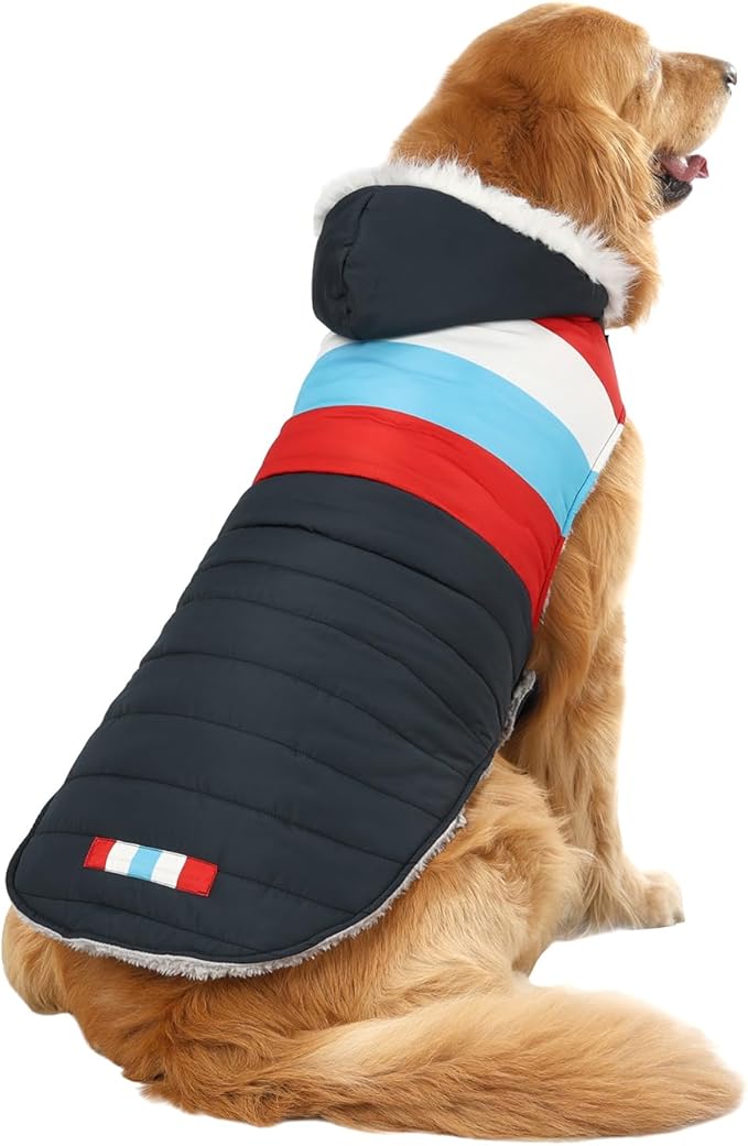 HDE Dog Puffer Jacket Fleece Lined Warm Dog Parka Winter Coat with Harness Hole Patriotic - XXL