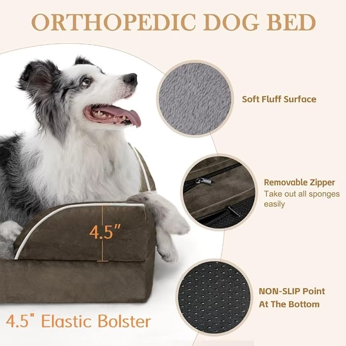 Comfort Expression Orthopedic Dog Bed for Medium Dogs 30x20 Inch, Waterproof Egg Crate Foam Medium Pet Bed with Removable Bolsters, Dog Couch with Washable Cover & Non-Slip Bottom, Grey Green