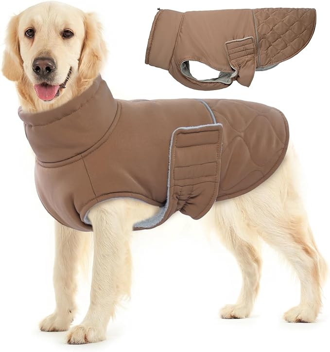 BRKURLEG Dog Winter Coat, Warm Dog Jackets for Small and Medium Large Dogs, Reflective Adjustable Pet Cold Weather Coats, Waterproof Windproof Dogs Snow Jacket Clothes Warm Vest (XL, Khaki)