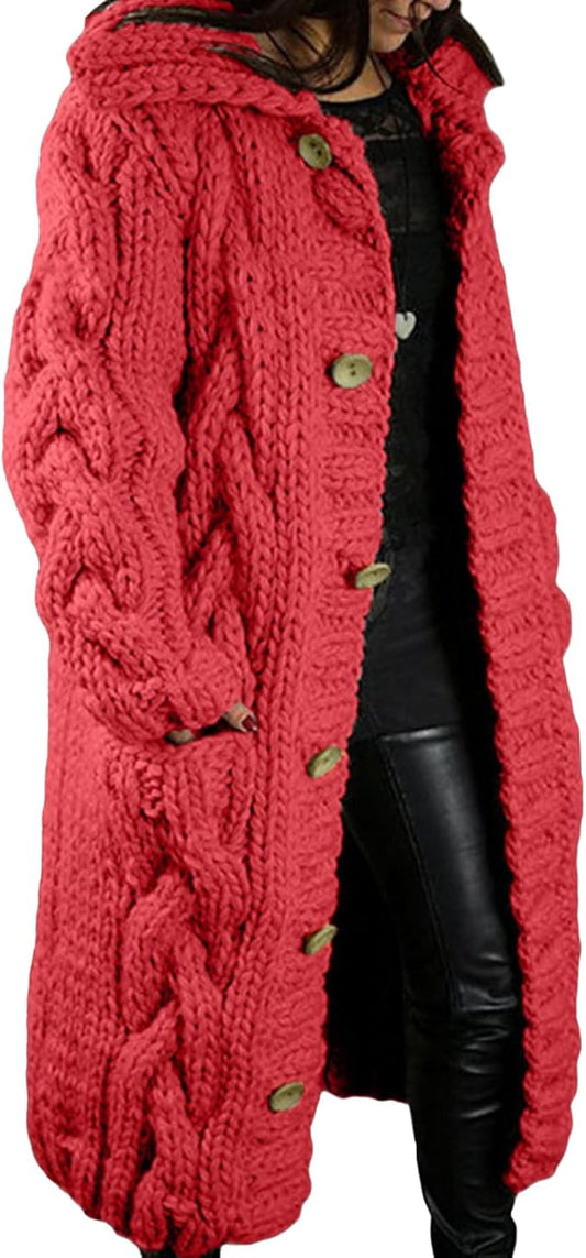 LOAIHA Women Chunky Cable Knit Long Sleeve Cardigan Fall Winter Trendy Oversized Button Down Sweaters Outerwear with Pocket