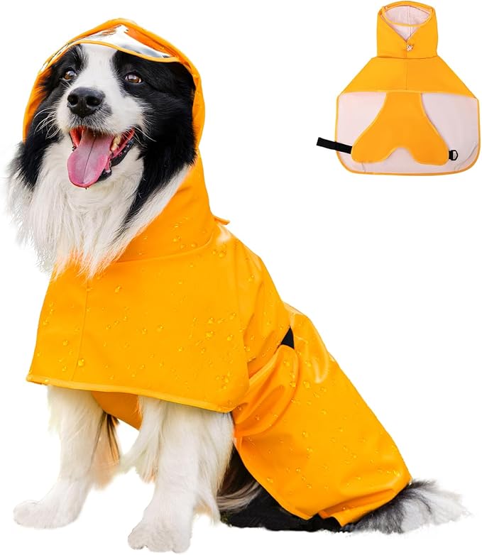 Dog Raincoat, Waterproof Windproof Dog Rain Jacket with Hood, Rain Coat with Leash Hole, Adjustable Raincoat Poncho for Small Medium Large Dogs Outdoor (Yellow, X-Large)