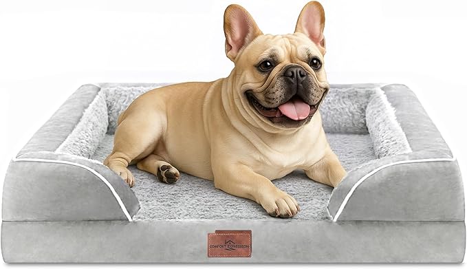 Comfort Expression Orthopedic Dog Bed for Medium Dogs 28x19 Inch, Waterproof Egg Crate Foam Medium Pet Bed with Removable Bolsters, Dog Couch with Washable Cover & Non-Slip Bottom, Grey White