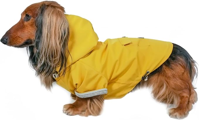 DJANGO Highland Dog Jacket & Raincoat – Water-Repellent, Lined Dog Coat with Hood, Adjustable Fit & Harness Hole – Lightweight Rain & Wind Jacket for Small & Medium Dogs up to 30 lbs (Yellow, Small)
