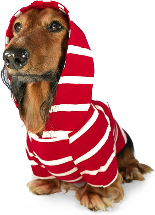DJANGO Dog Hoodie – Warm, Lightweight, Soft & Stretchy Dog Sweater with Hood, Harness Hole & Elastic Waistband – Cozy Sweatshirt for Small Dogs up to 25 lbs, Dachshunds & Puppies – Crimson Red, XS