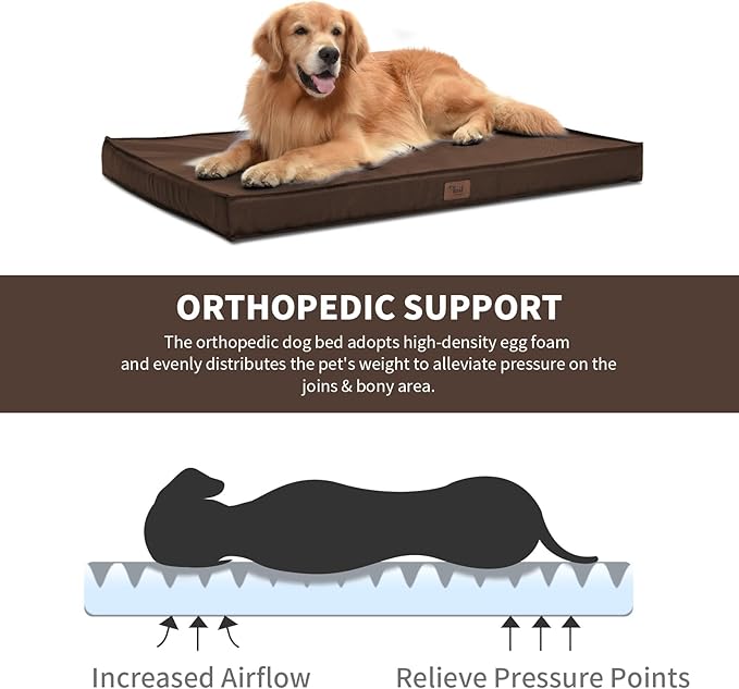 Outdoor All Weather XL Dog Bed, Waterproof Dog Bed for Extra Large Dogs, Orthopedic Egg Crate Foam Pet Bed with Removable Washable Oxford Cooling Cover, 44x32 Inch, Brown