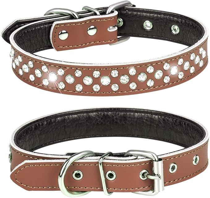Rhinestones Dog Collar, Adjustable Sparkly Crystal Studded Genuine Leather Pet Dog Collar for Small and Medium Dogs (M, Brown)
