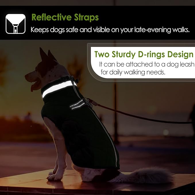 AOFITEE Dog Coat, Warm Dog Jackets for Large Dogs, Reflective Turtleneck Dogs Winter Coat with Harness Built in, Waterproof Windproof Pet Snow Jacket Fleece Vest for Cold Weather, Green XXL