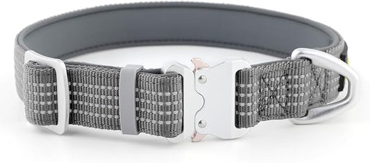 Plutus Pet Reflective Dog Collar with Aviation Aluminum Buckle, Neoprene Padded for Comfort, Lightweight, Heavy Duty Nylon Collar for Puppy Small Medium Large Dogs (Gray, L)