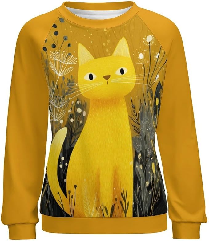 Abstract Cute Cat Shirts for Women Long Sleeve Lady Crewneck Pullover Sweatshirt Fall Winter Oversized Tops