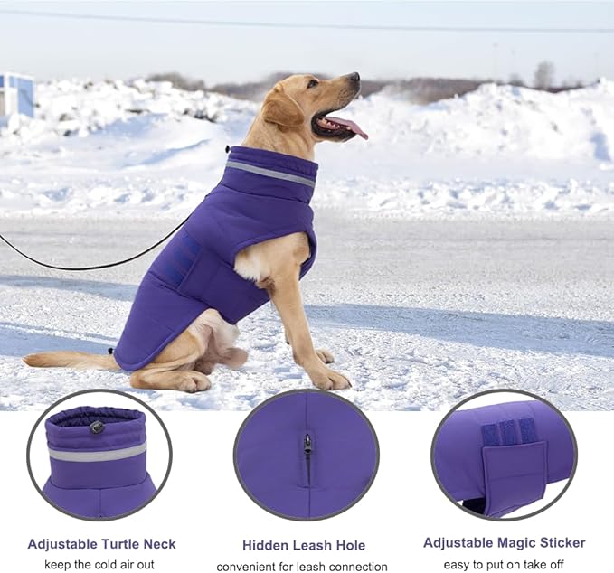 Dog Coat, Waterproof Winter Jacket, Warm Windproof Vest, Reflective Adjustable Turtleneck Coats for Medium and Large Dogs with Hook & Loop - Purple - L