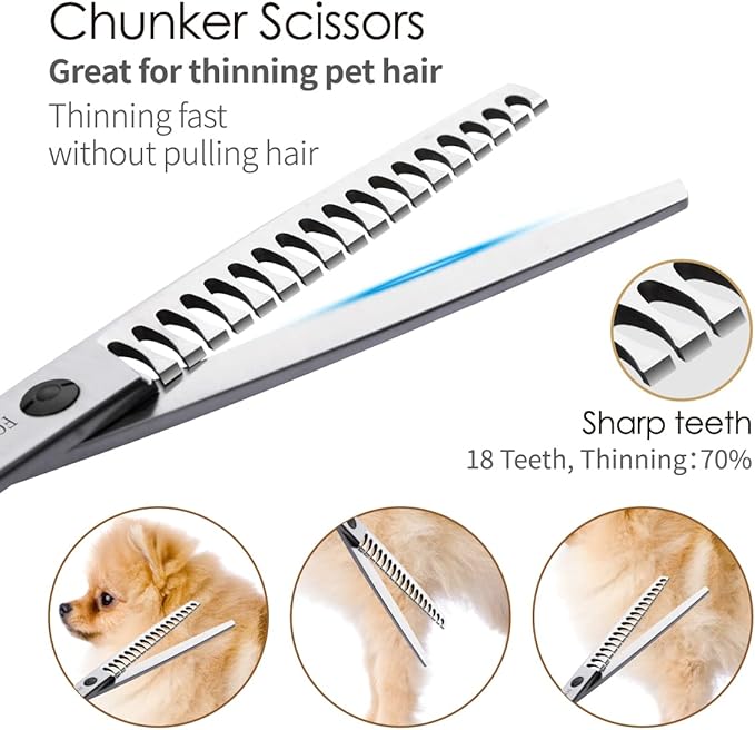 Professional 7.5" Dog Grooming Scissors Kit 4pcs, JP 440C Stainless Steel Curved Blender Straight Chunker Shears for Dog Cat and Pets (7.5 in Kit, Black)