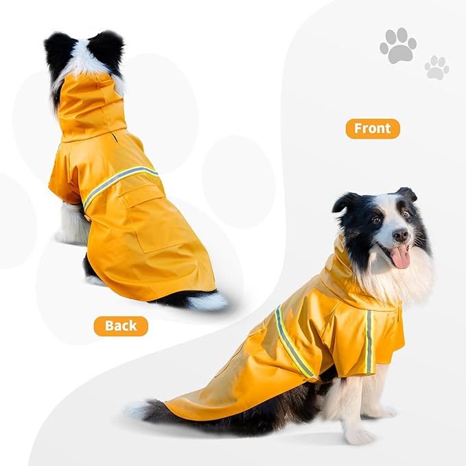 Dog Raincoat, Waterproof Windproof Dog Rain Jacket Adjustable, Rain Coat with Leash Hole, Reflective Strap Raincoat Poncho for Small Medium Large Dogs Outdoor (Reflection-Yellow, Medium)