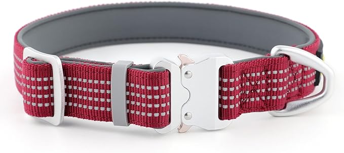 Plutus Pet Reflective Dog Collar with Aviation Aluminum Buckle, Neoprene Padded for Comfort, Lightweight, Heavy Duty Nylon Collar for Puppy Small Medium Large Dogs (Burgundy Red, XL)