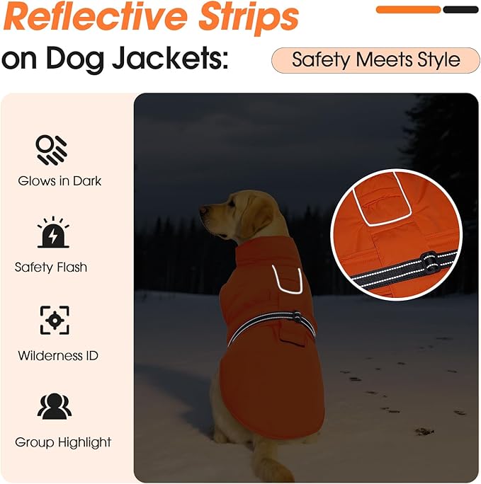 XL Dog Coat, Warm Dog Winter Jacket, Waterproof Dogs Snowsuit with Foldable High Collar, Reflective Strips, Leash Hole, and Adjustable Hook & Loop Closure - Ideal for Cold Weather - Orange XL