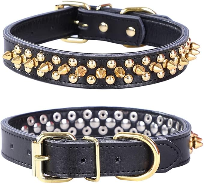 Adjustable Genuine Leather Spiked Studded Dog Collars for Small Medium Large Pets Like Pit Bull Bulldog Pugs Husky (L, Black2)