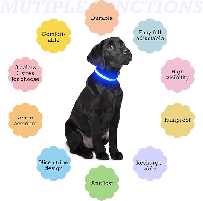 YFbrite Full Adjustbale LED Dog Collar, Full Illuminated Light up Dog Collars, Reflective Dog Collar Light Glowing in The Dark for All Dogs Safety (Large, Blue-2)