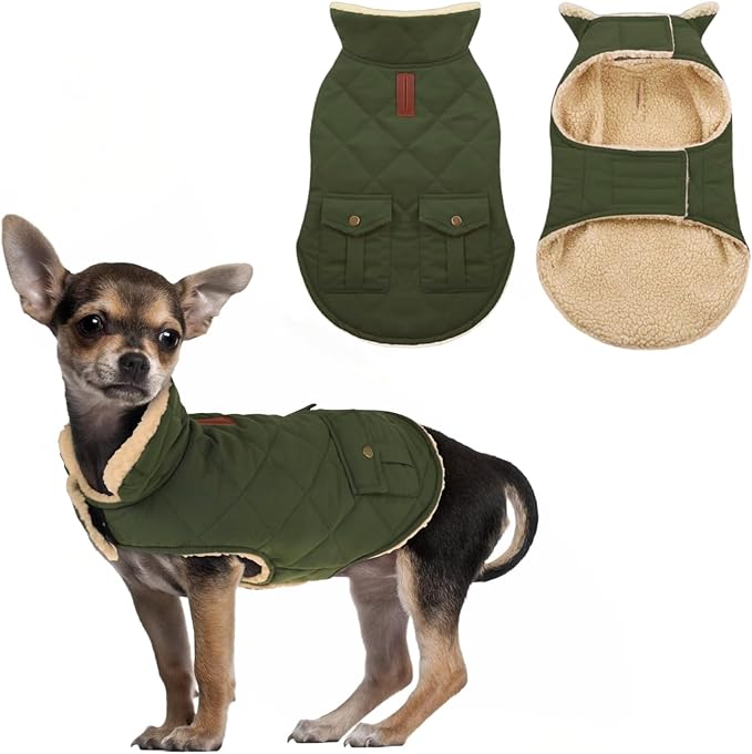 ASENKU Warm Dog Winter Coat, Waterproof Dog Coat for Cold Weather, Fleece Dogs Jacket with Ultra Thick Plush Lining Leash Hole Storage Pockets for Small Dogs (Green, X-Small)