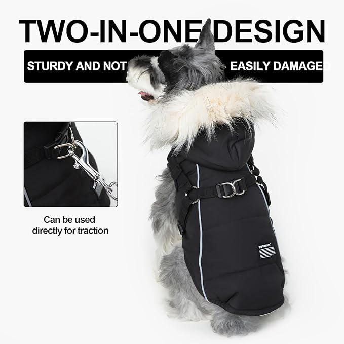 PINA Dog Winter Coat Winter Jacket with Waterproof Fabric, Faux Fur Hood, Reflective Strap for Small Medium Large Dogs, Black, 3XL