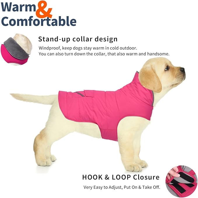 Dog Coat, Waterproof Dog Winter Jacket with Pocket, Reflective Adjustable Pet Snow Vest, Warm Cozy Fleece Sweater for Small Medium Extra Large Dogs - Pink, L