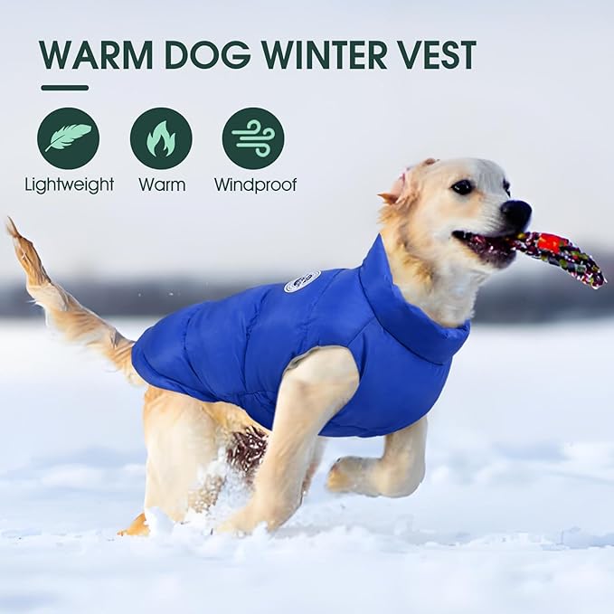 Kuoser Dog Coat Warm Dog Puffer Jacket, Windproof Dogs Padded Vest Lightweight Cold Weather Coats Pet Snowsuit Soft Puppy Winter Clothes for Medium Large Dogs, Button Design, Easy On/Off, Blue L