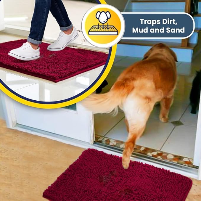Muddy Mat® Shown on TV – Super Absorbent Door Mat Indoor, Microfiber Quick Dry Chenille Entryway Rug, Non-Slip Front Door Mat, Indoor Mats for Entryway, Machine Washable Pet Rug, Maroon 36"x60"