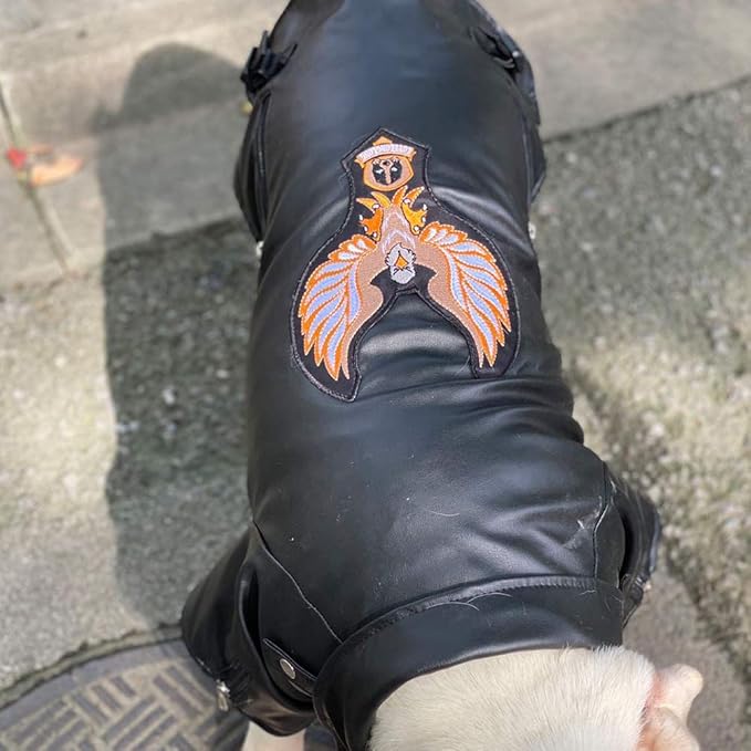 Lovelonglong Cool Dog Leather Jacket, Warm Coats Dogs Windproof Cold Weather Coats for Large Medium Small Dogs with Eagle Embroidery Black B-M