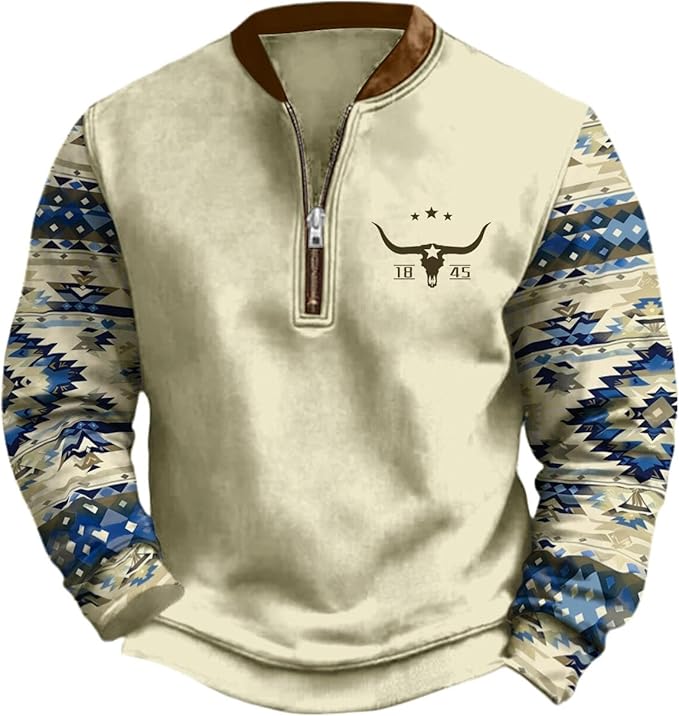 HOTYD Aztec Cowboy Jacket Men Vintage Bullhorn Printed Oversized Western Sweatshirt Long Sleeve Quarter Zip Pullover