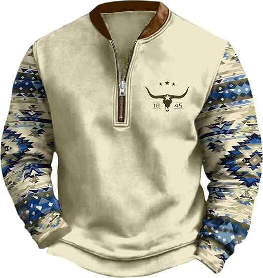 HOTYD Aztec Cowboy Jacket Men Vintage Bullhorn Printed Oversized Western Sweatshirt Long Sleeve Quarter Zip Pullover