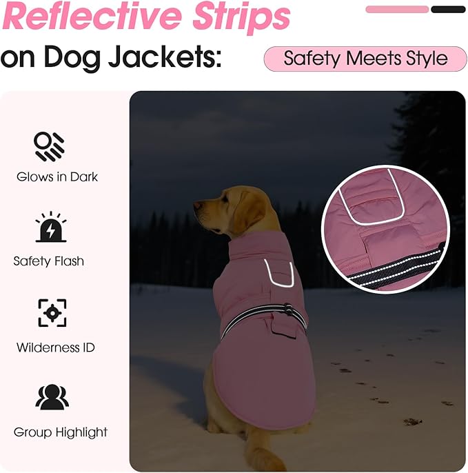 XXXL Dog Coat, Warm Dog Winter Jacket, Waterproof Dogs Snowsuit with Foldable High Collar, Reflective Strips, Leash Hole, and Adjustable Hook & Loop Closure - Ideal for Cold Weather - Pink 3XL