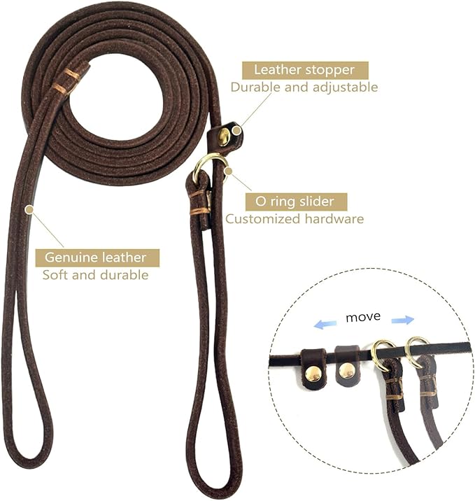 Guiding Star Leather Slip Lead Dog Leash for Small Dogs & Puppies 6 Ft x 1/4 Inch,Luxurious and Lightweight Leather Training Dog Leash for Walking with Soft Handle (Brown)