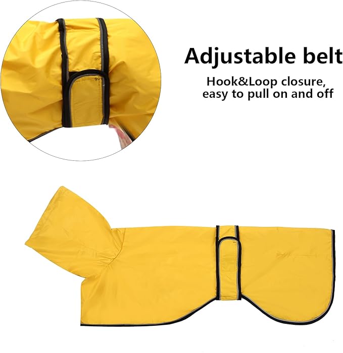 Dog Raincoat with Reflective Bar, Rain/Water Resistant, Adjustable Vest - Dog Raincoats for Greyhounds, Lurchers and Whippets - Yellow - M