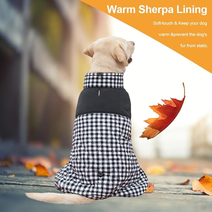 Dog Jackets for Winter, Reversible Dog Coat Windproof Waterproof Jackets for Cold Weather, British Style Plaid Coats Warm Vest for Small Medium Large Dogs (Black, 6XL)
