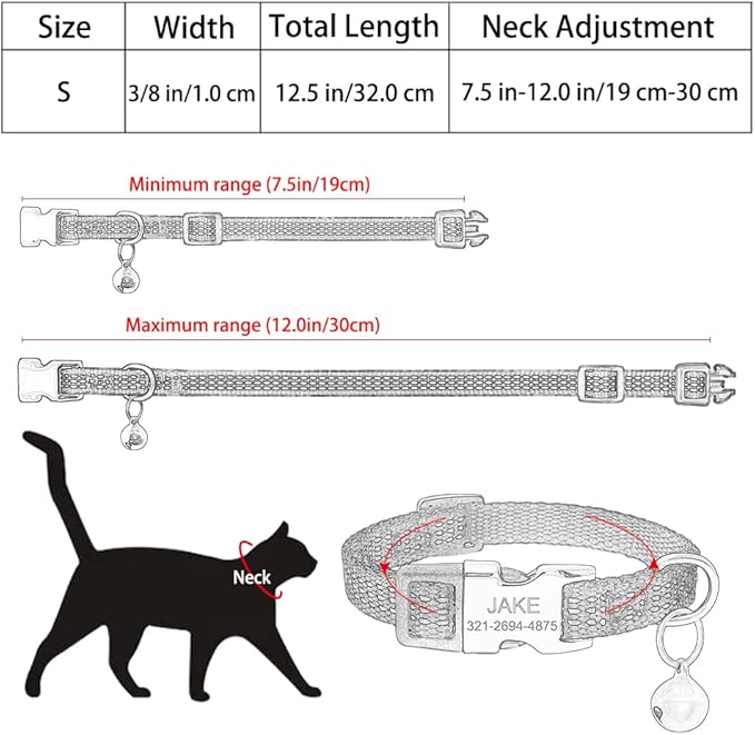 Personalized Reflective Nylon Cat Collar with Name Phone,Custom Engraved Buckle Cat Collar with Bell,Adjustable for Small Dogs Puppy Kitten (Light Blue,fit 7.5''-12.0'')