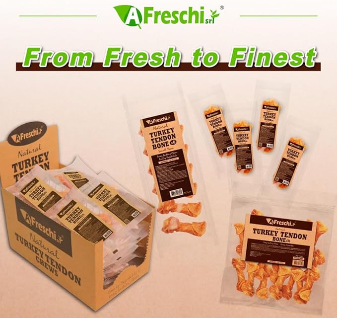 AFreschi Turkey Tendons for Dogs, USA-Sourced, Healthy Dog Treats, Rawhide-Free Puppy Chews, Long Lasting, All Natural, Hypoallergenic Dog Treats for Small Breeds, 40 Count Box Bone (S)