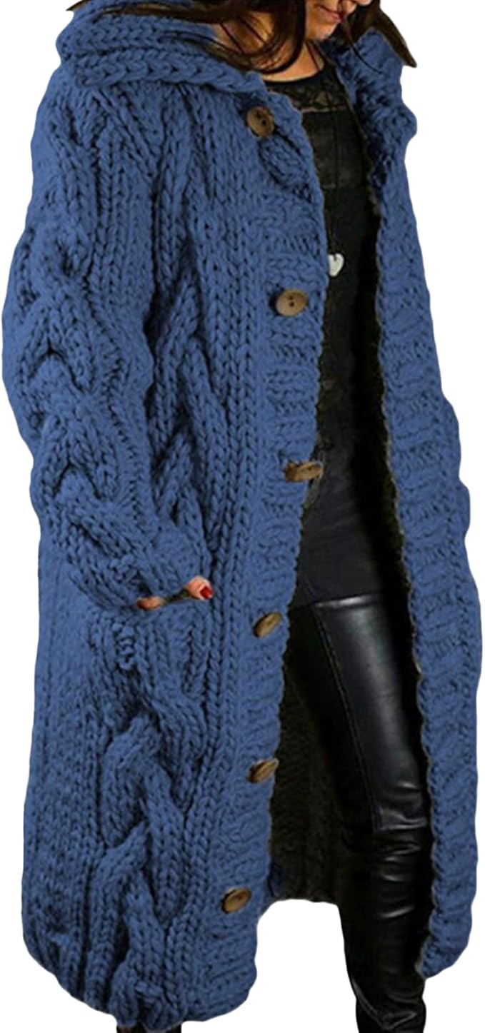 LOAIHA Women Chunky Cable Knit Long Sleeve Cardigan Fall Winter Trendy Oversized Button Down Sweaters Outerwear with Pocket