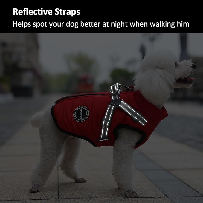Dog Winter Coat,Warm Jacket Paded Fleece Pet Vest with Built in Harness, Windproof Reflective Cozy Adjustable Snow Pet Coat Clothes with Zipper for Small Medium Large Dogs