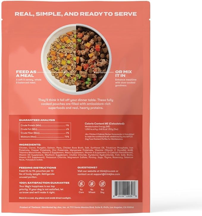 Jinx Salmon Wet Dog Food Topper, Mix with Dry Dog Food, Made with Real Salmon & Chicken, Bone Broth, No Fillers, Puppy, Adult, Senior, 9oz, 12 Pack